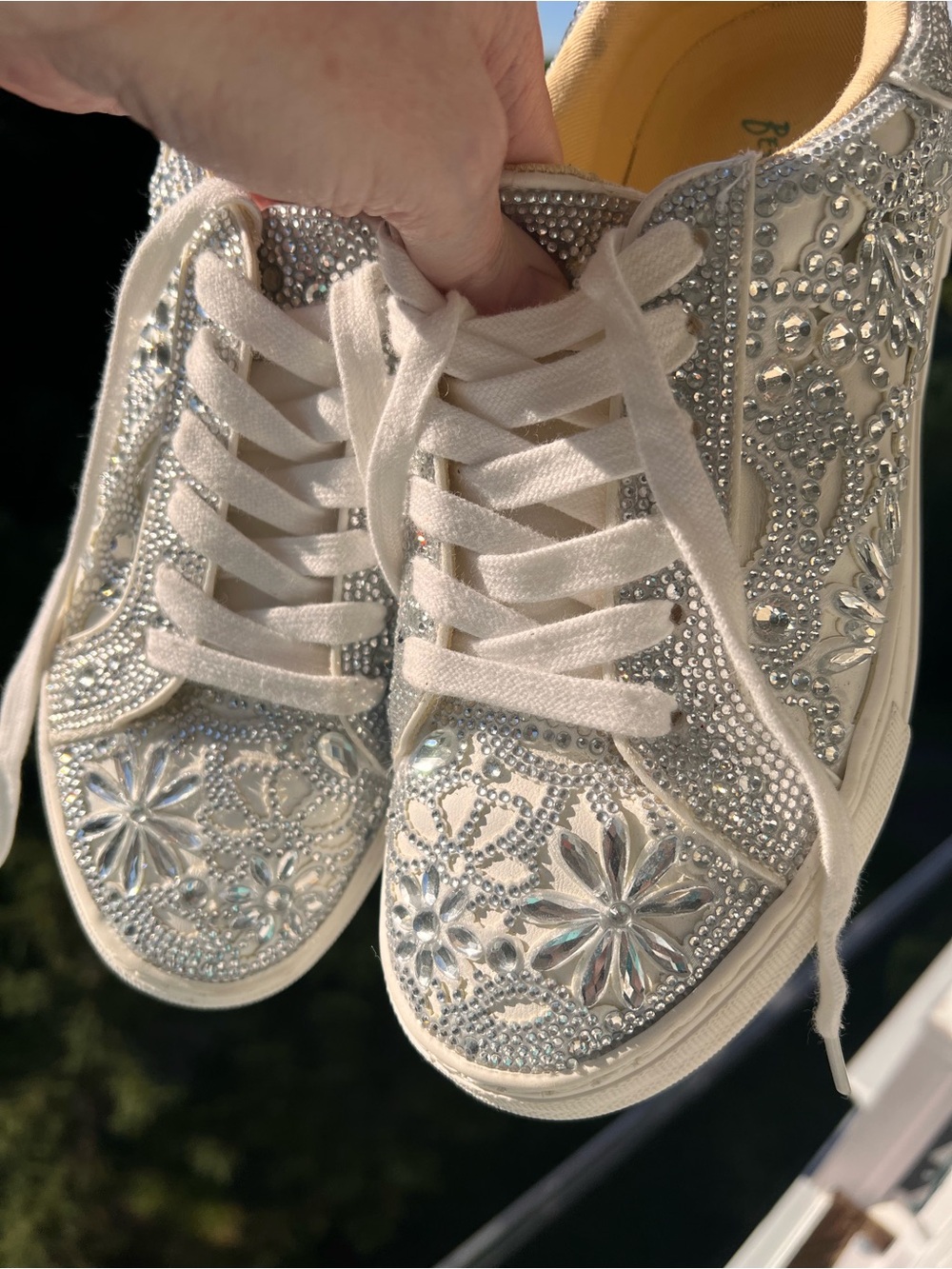 Betsey Johnson White Crystal Floral Embellished Sneakers